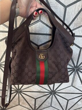 Gucci Brown GG Canvas Shoulder Bag with Green and Red Web Stripe